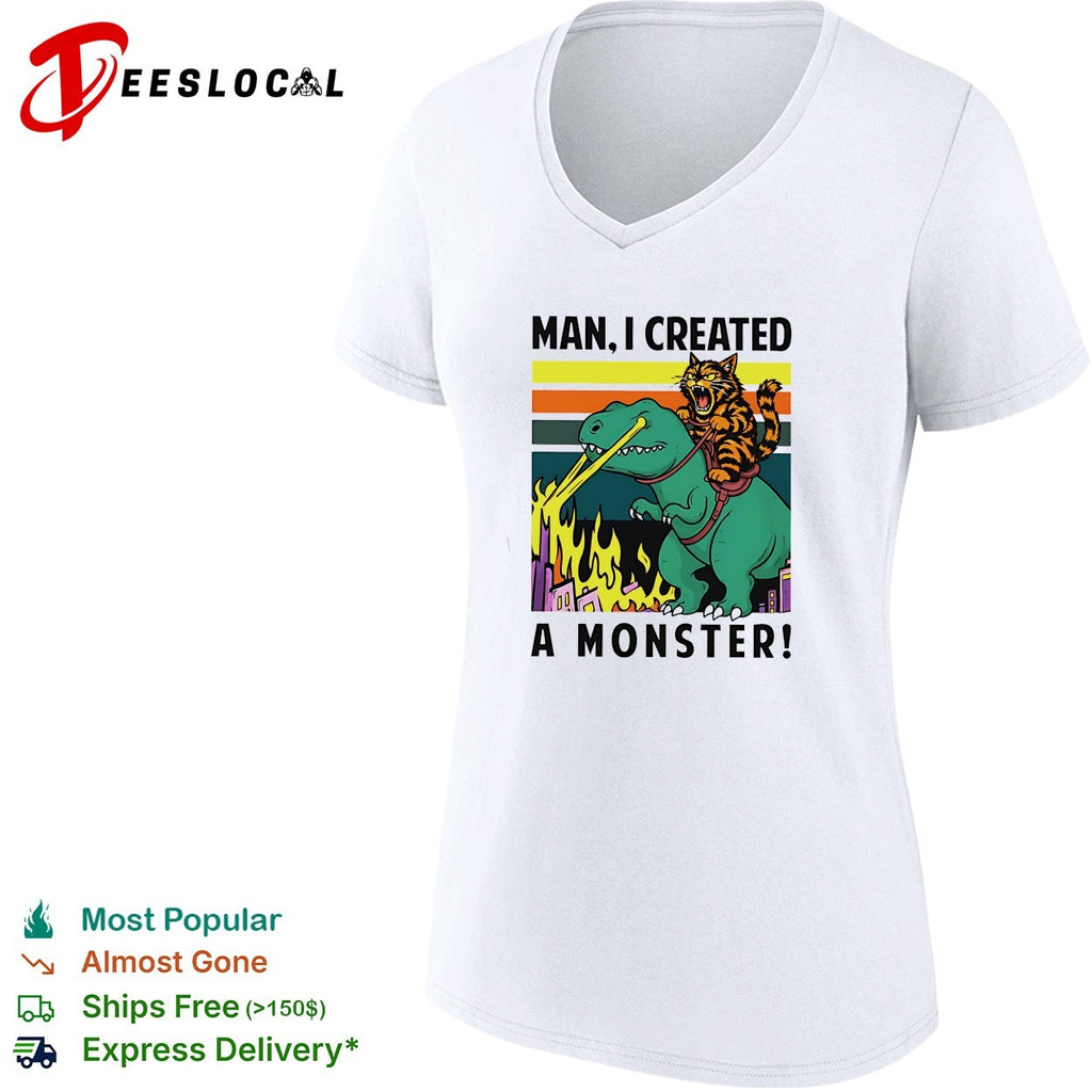 Man I created a monster cat riding dinosaur retro fire shirt