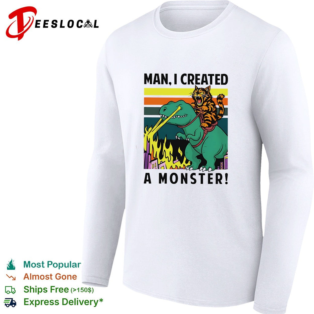 Man I created a monster cat riding dinosaur retro fire shirt
