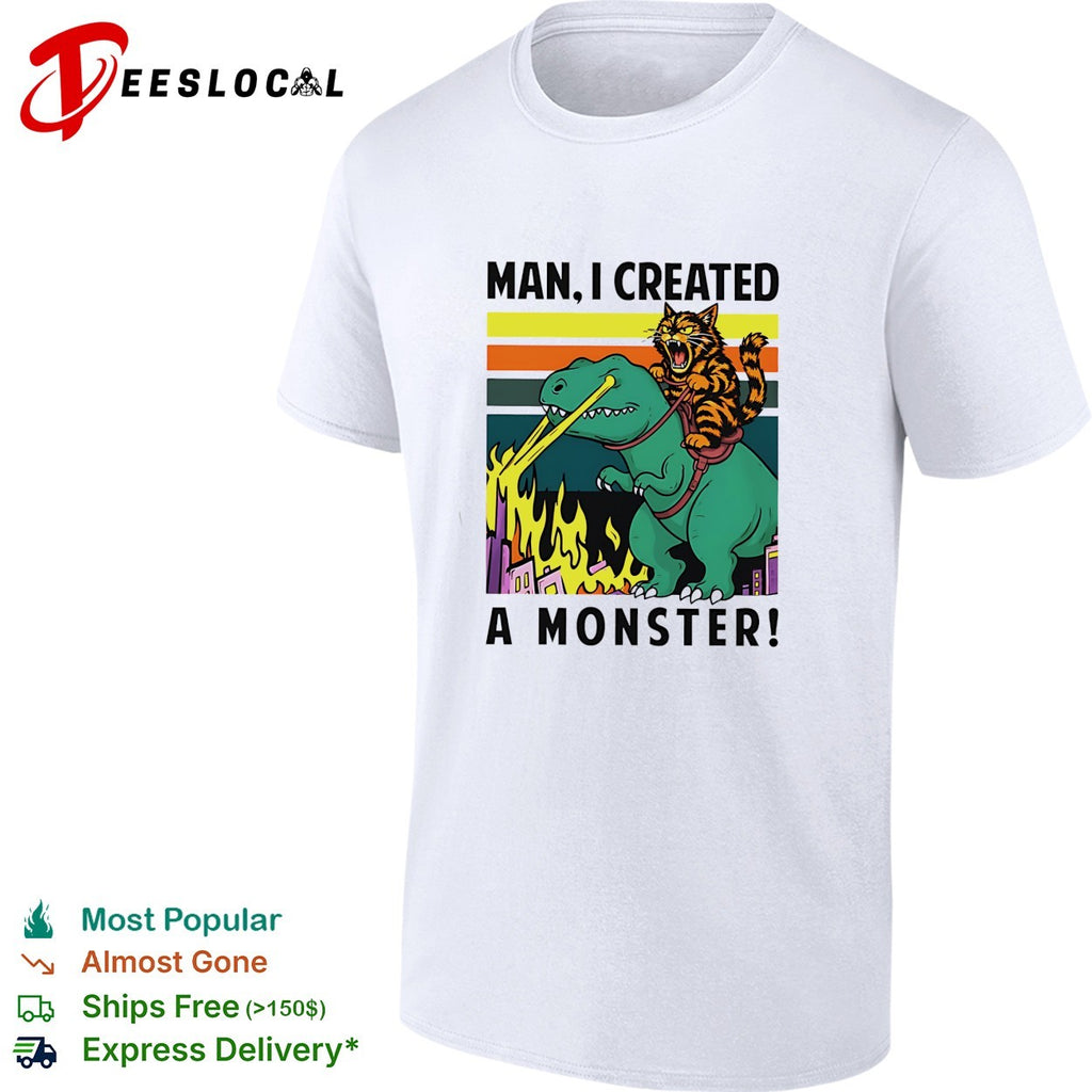 Man I created a monster cat riding dinosaur retro fire shirt