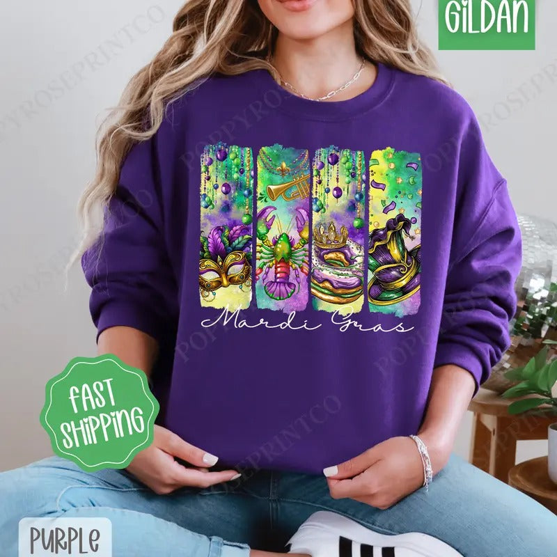 Mardi Gras Sweatshirt, Fat Tuesday Crewneck, Louisiana Women's Sweater T-Shirts, Hoodie | CiraTrend.com