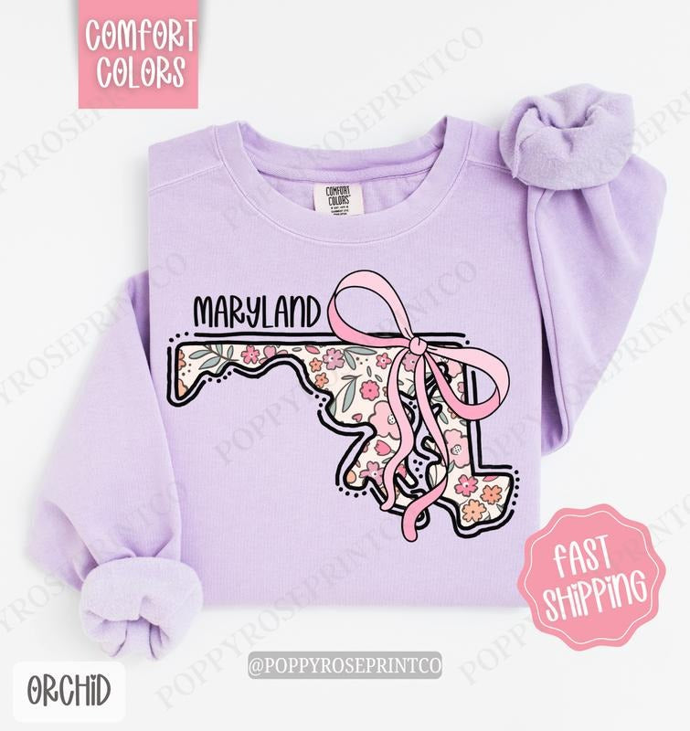 Maryland Floral Comfort Colors Sweatshirt, Maryland Sweatshirt, Cute Bow Maryland Sweatshirt T-Shirts, Hoodie | CiraTrend.com