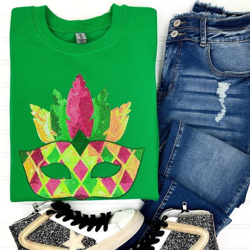 Masquerade Sequin Patch Gildan Sweatshirt -- KELLY GREEN T-Shirts, Hoodie | CiraTrend.com