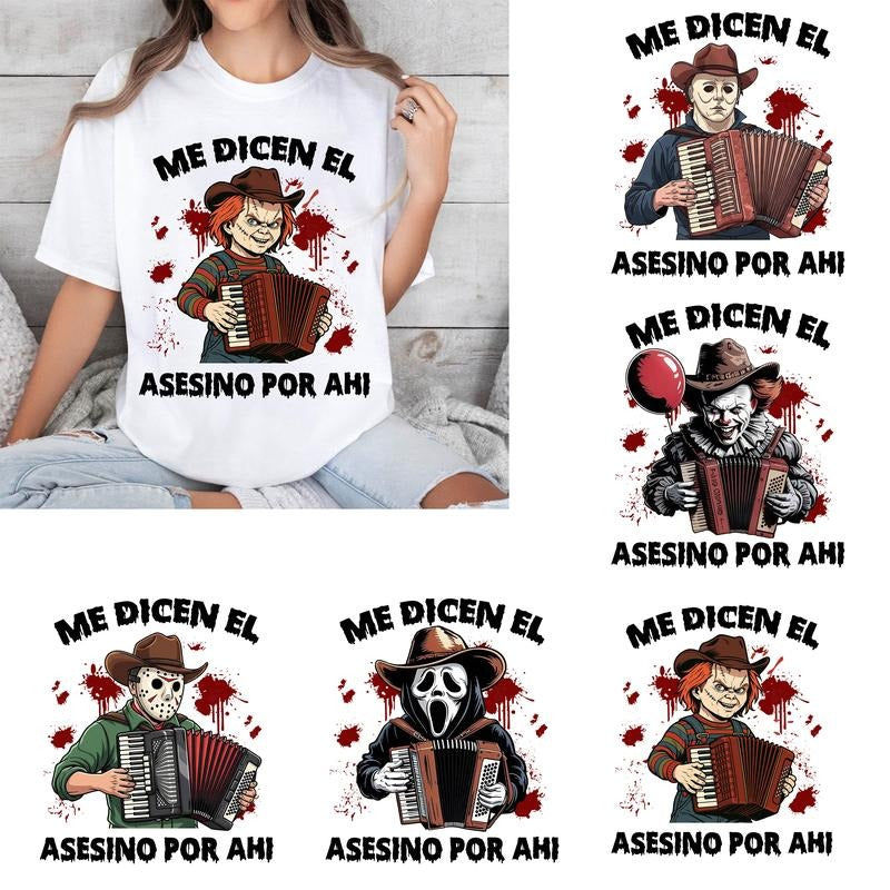 Me Dicen El Asesino Por Ahi Halloween Shirt, Scary Movie Characters Shirt, Funny Killer Breakfast Shirt, Spooky Crunch...