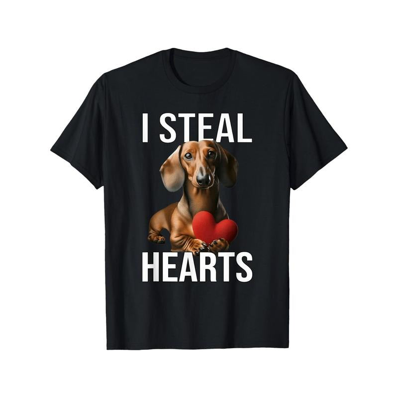 Men'S Cotton Crew Neck T-Shirt with Dachshund "I Steal Hearts" Print, All-Season Short Sleeve Tee, Regular Fit, Geometric...