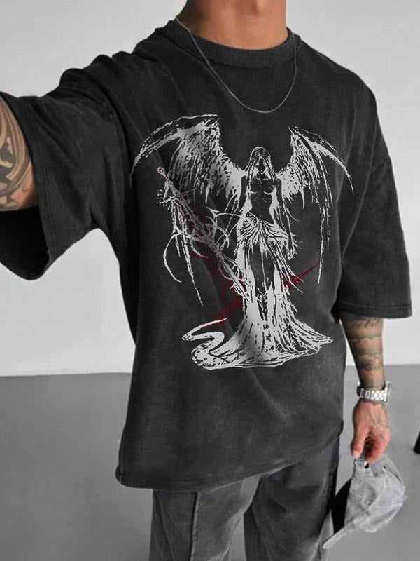 Men's Angel Print Tee, Regular Fit Casual Street Round Neck T-shirt for Summer, Men's Top for Daily Wear, Cotton Hoodie,...