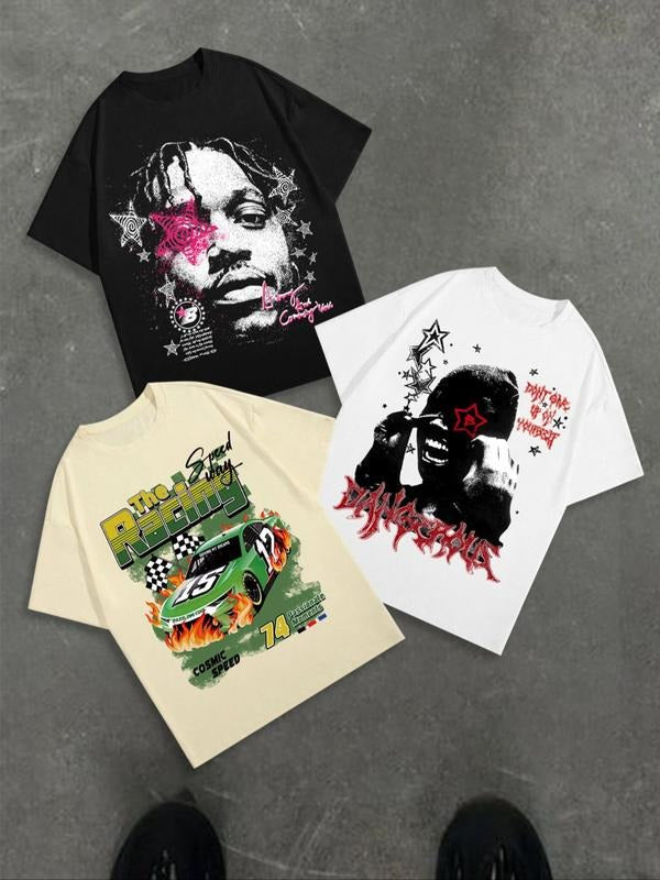 Men's Car & Figure Print Round Neck Tee, Regular Fit Casual Street Short Sleeve T-shirt for Summer, Men's Top for Daily...