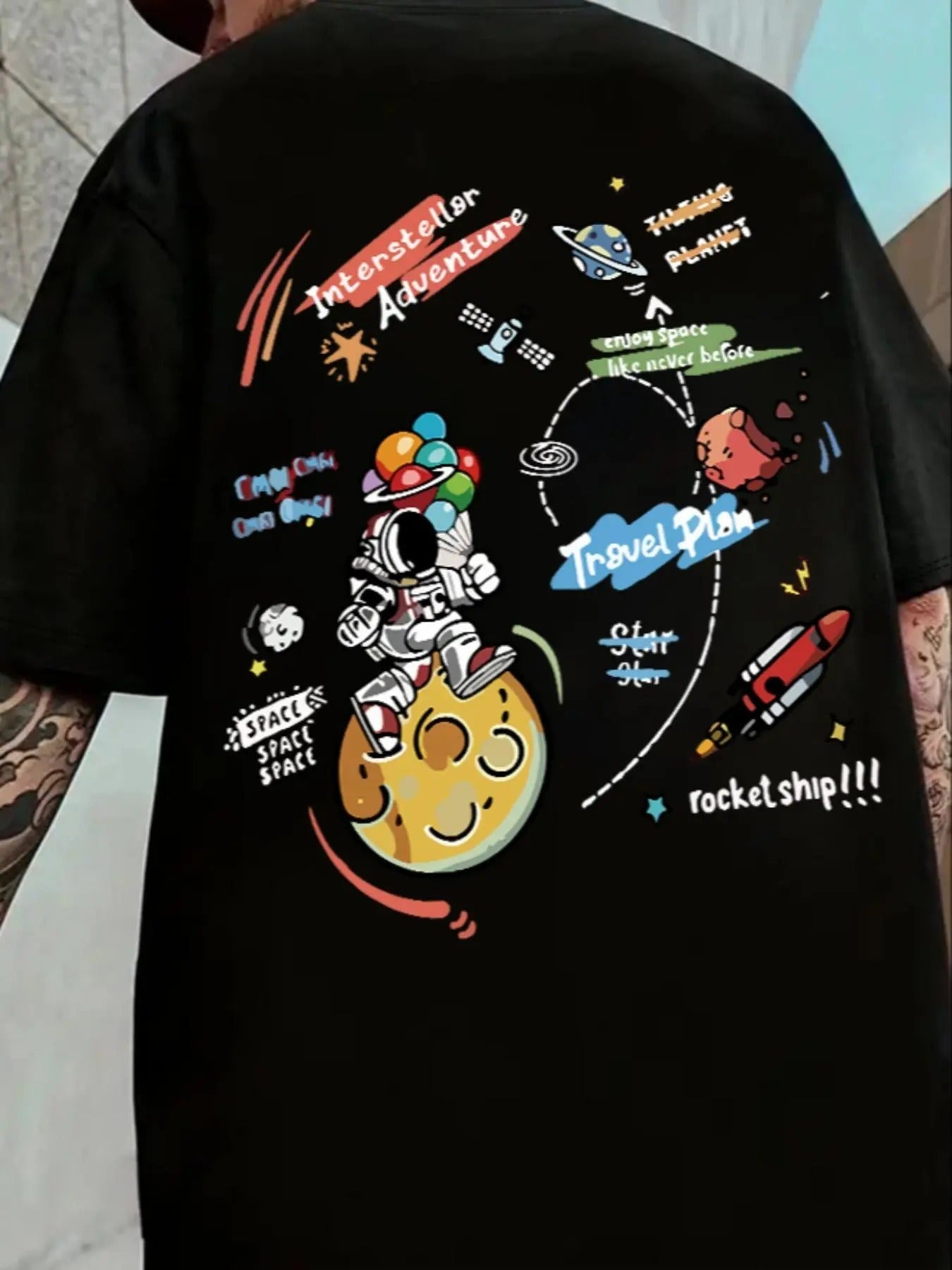 Men's Cartoon Astronaut & Letter Print Drop Shoulder Tee, Regular Fit Casual Short Sleeve Round Neck T-Shirt for Summer,...