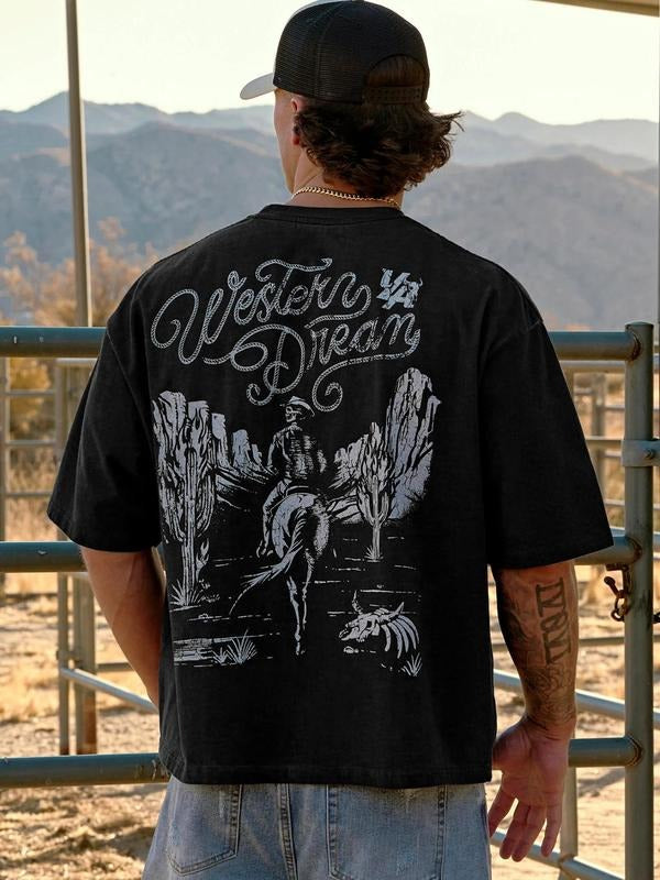 Men's Cartoon Cowboy Print Short Sleeve Graphic Tee, Regular Fit Casual Comfy Round Neck T-shirt for Summer, Men's Top...