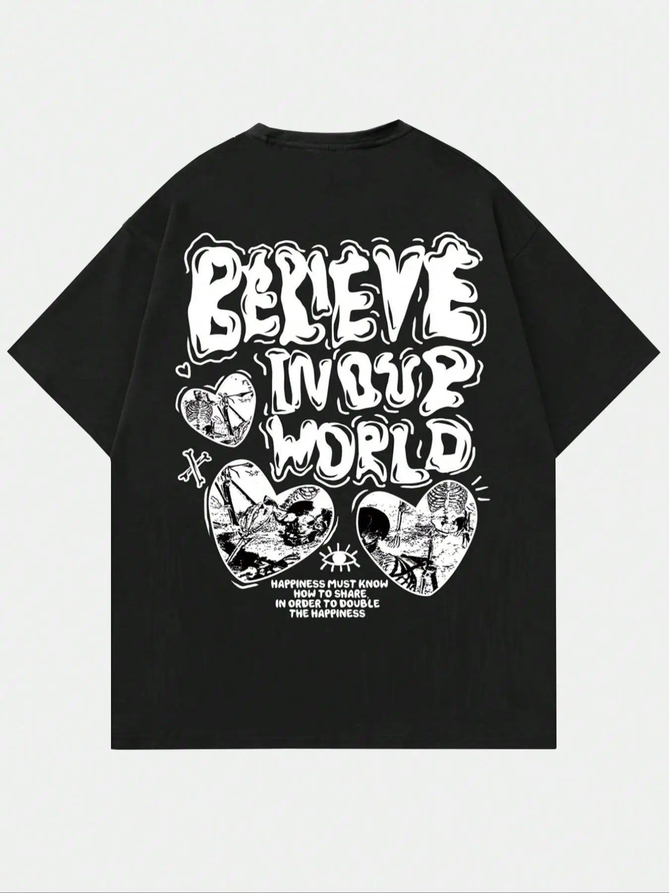 Men's Cartoon Heart & Letter Print Round Neck Tee, Regular Fit Street Fashion Graphic Drop Shoulder Short Sleeve T-Shirt...