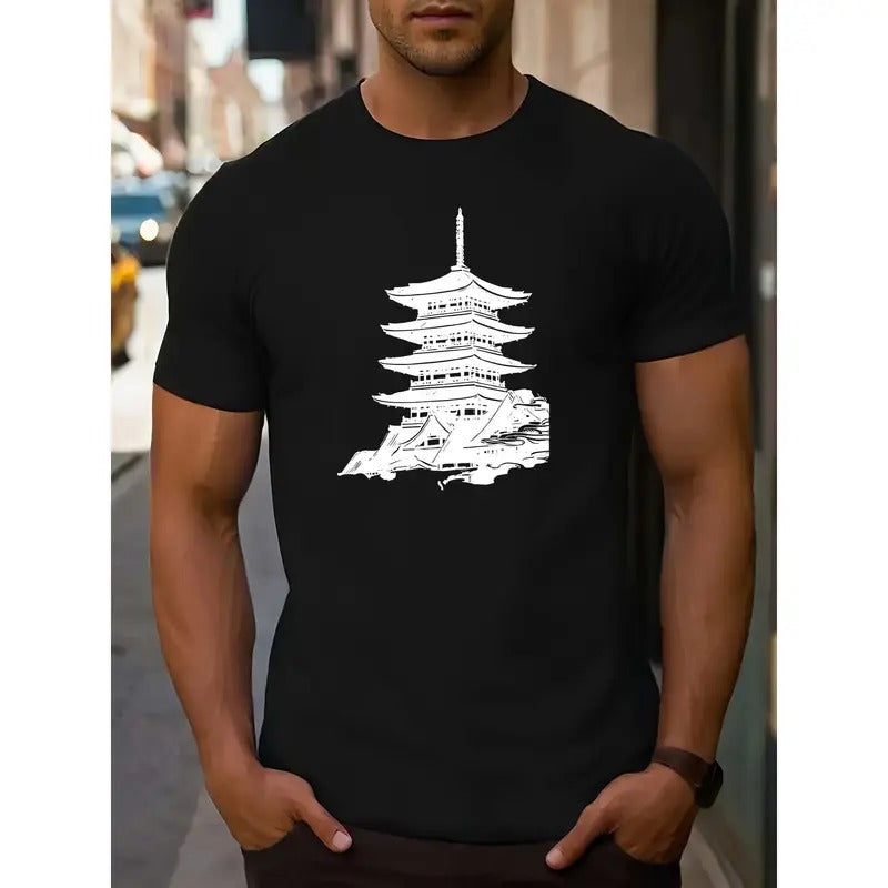 Men's Casual Sports Tee - Round Neck with Letter Print Design, Machine Washable