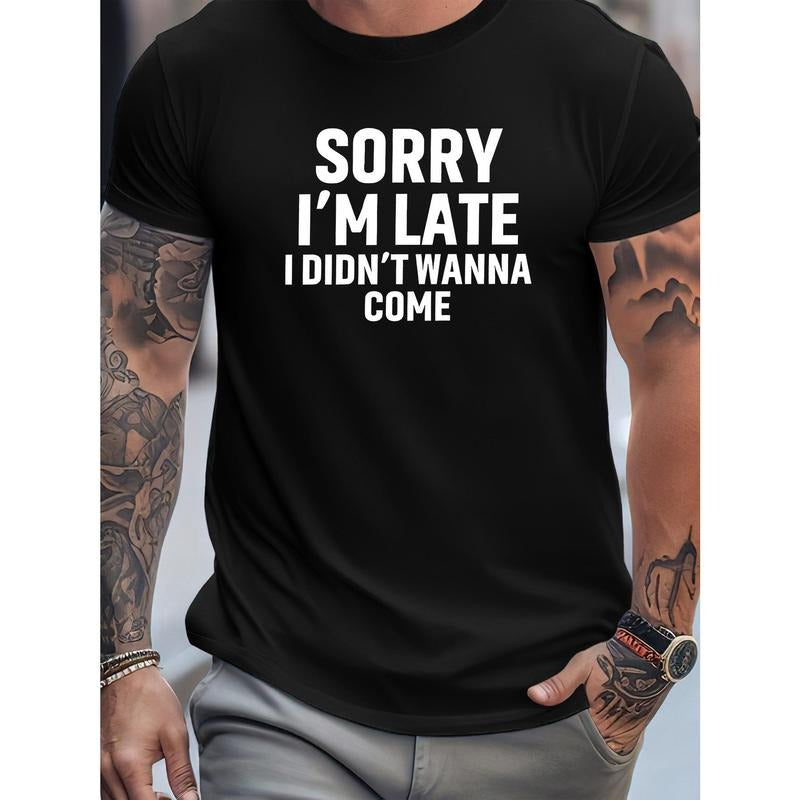 Men's Casual T-Shirt with Funny Slogan, Crew Neck, Short Sleeve, Regular Fit, Rib-Knit Summer Tee with Slight Stretch