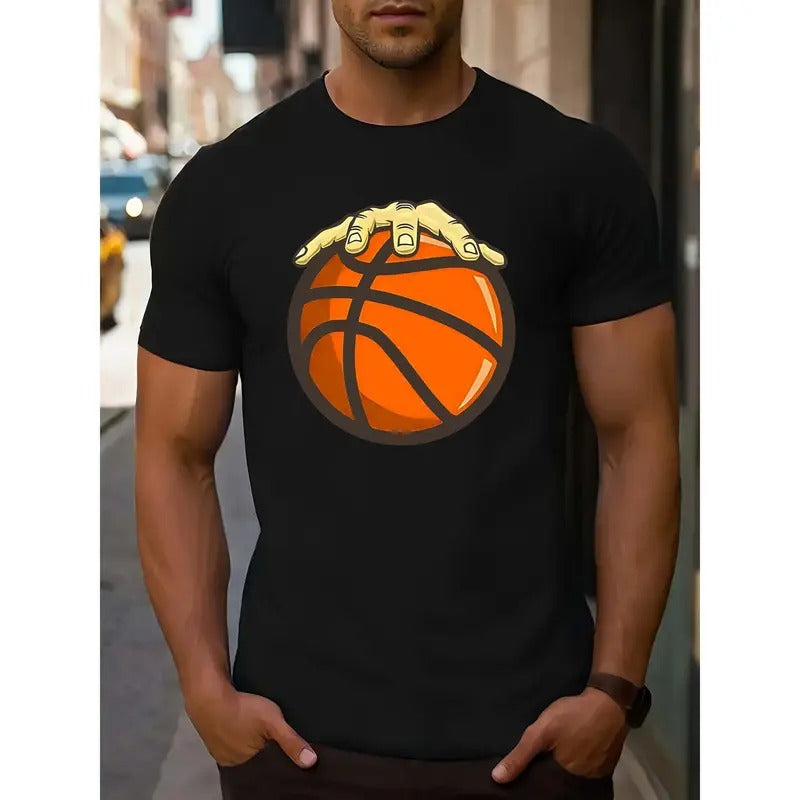 Men's Creative Basketball Graphic Tee - Casual Short Sleeve T-Shirt for Summer Outdoor Leisure, Machine Washable, Men's,...