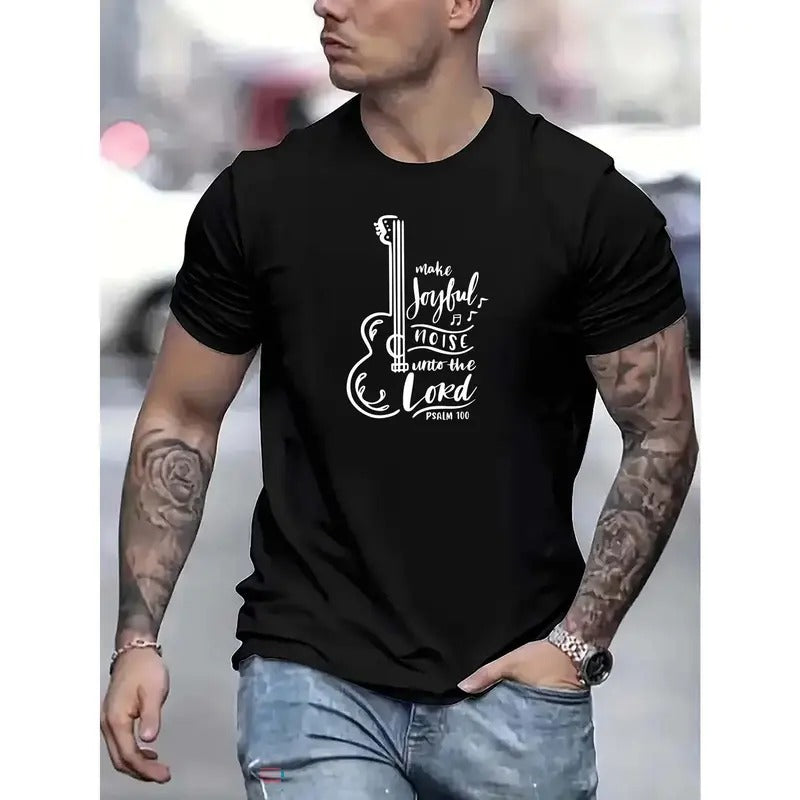 Men's Creative Cartoon Guitar Graphic Print Short Sleeve Crew Neck Casual T-Shirt for Summer Outdoor Made in USA Hoodie,...