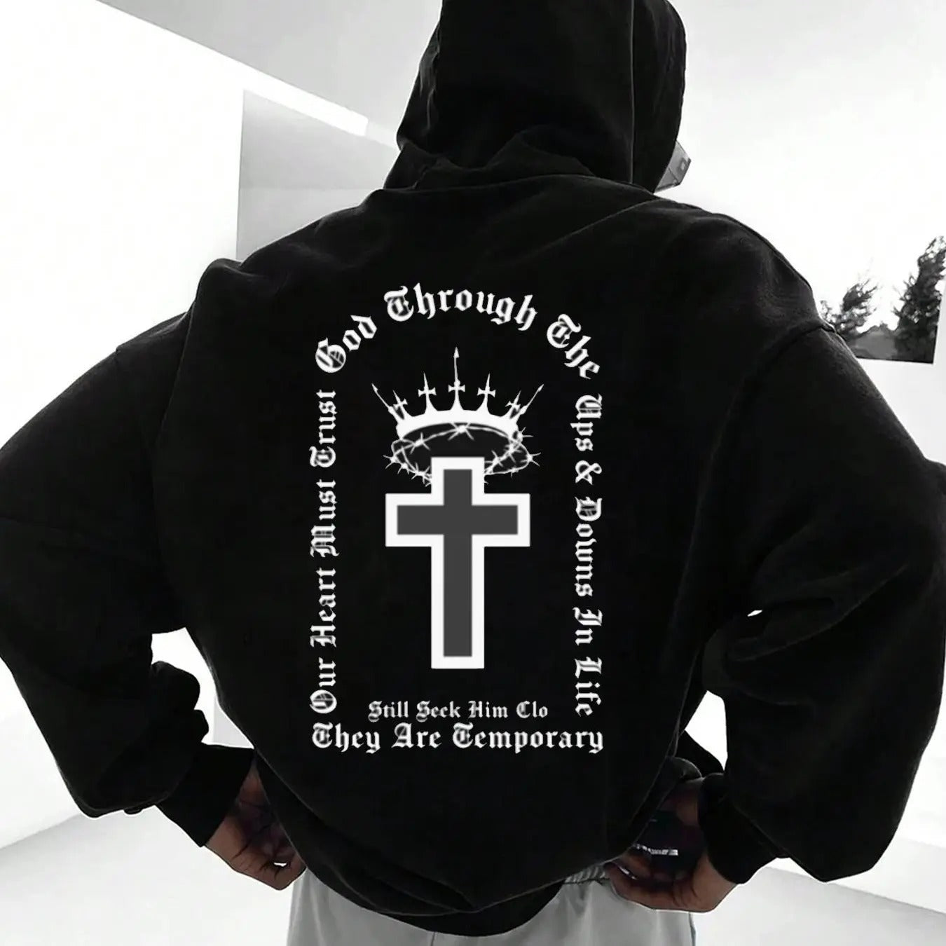 Men's Cross & Letter Print Drop Shoulder Hoodie, Fashion Casual Regular Fit Drawstring Pocket Hooded Sweatshirt for Daily...