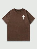 Men's Cross & Letter Print Short Sleeve Graphic Tee, Casual Street Comfy T-shirt for Summer, Menswear for Daily Wear,...