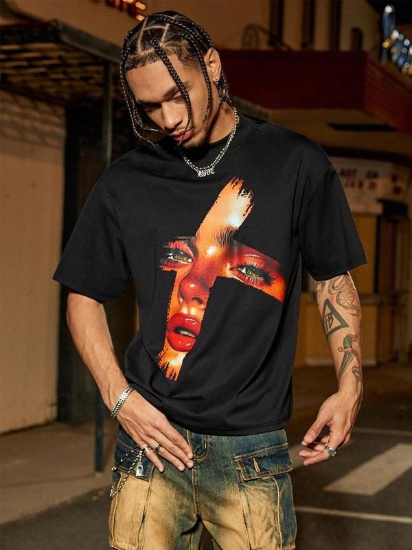 Men's Face Print Short Sleeve Graphic Tee, Regular Fit Casual Comfy Round Neck T-shirt for Summer, Fashion Men's Top for...