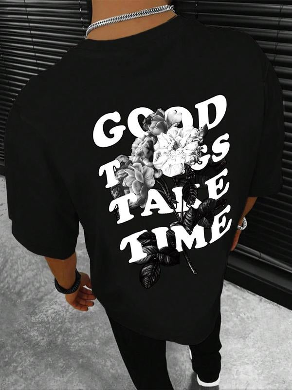 Men's Floral & Letter Print Short Sleeve Tee, Regular Fit Casual Round Neck T-shirt for Summer, Men's Top for Daily Wear...