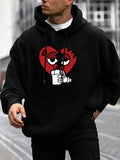 Men's Heart Print Drop Shoulder Hoodie, Fashion Casual Regular Fit Drawstring Pocket Hooded Sweatshirt for Daily Holiday...