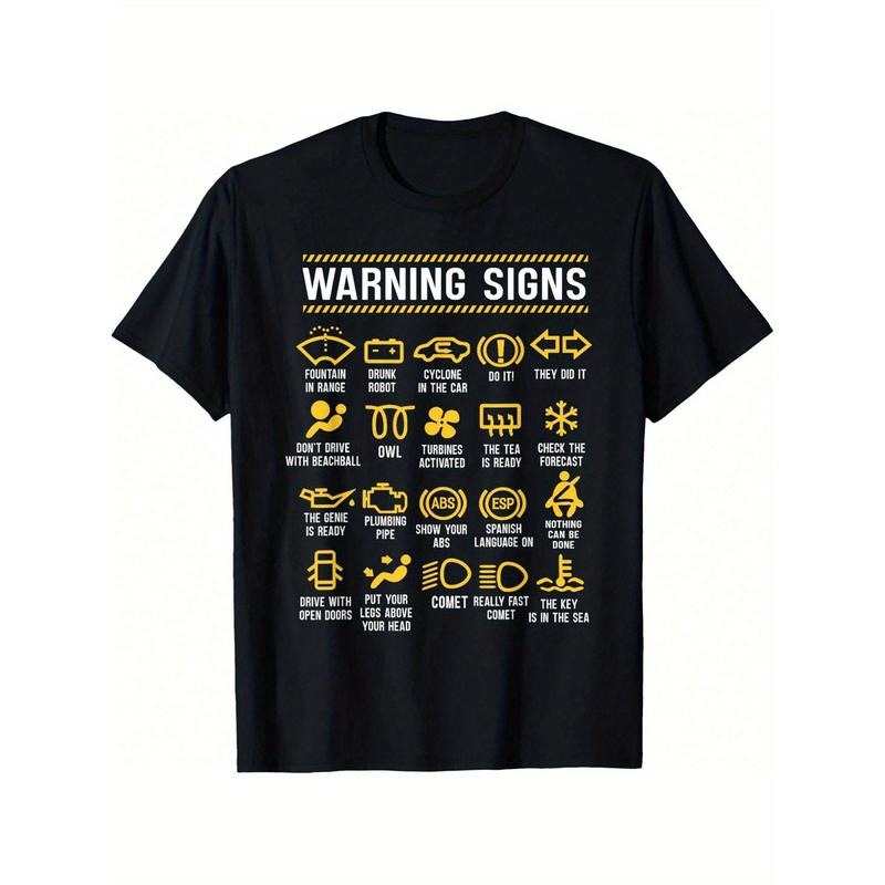 Men's Humorous Car Mechanic Warning Signs T-Shirt - Funny Safety Instructions Print, Cotton, Round Neck, All-Season,...