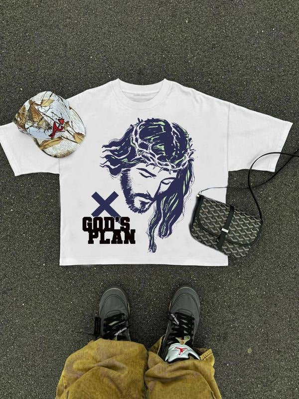 Men's Jesus Print Round Neck Tee, Regular Fit Casual Short Sleeve Crew Neck T-Shirt for Summer, Fashion Men's Top for Daily Wear, Cotton