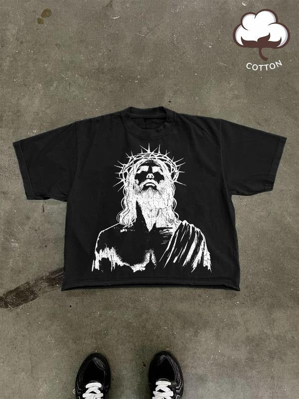 Men's Jesus Print Round Neck Tee, Regular Fit Casual Short Sleeve Crew Neck T-Shirt for Summer, Fashion Men's Top for Daily Wear, Tropical
