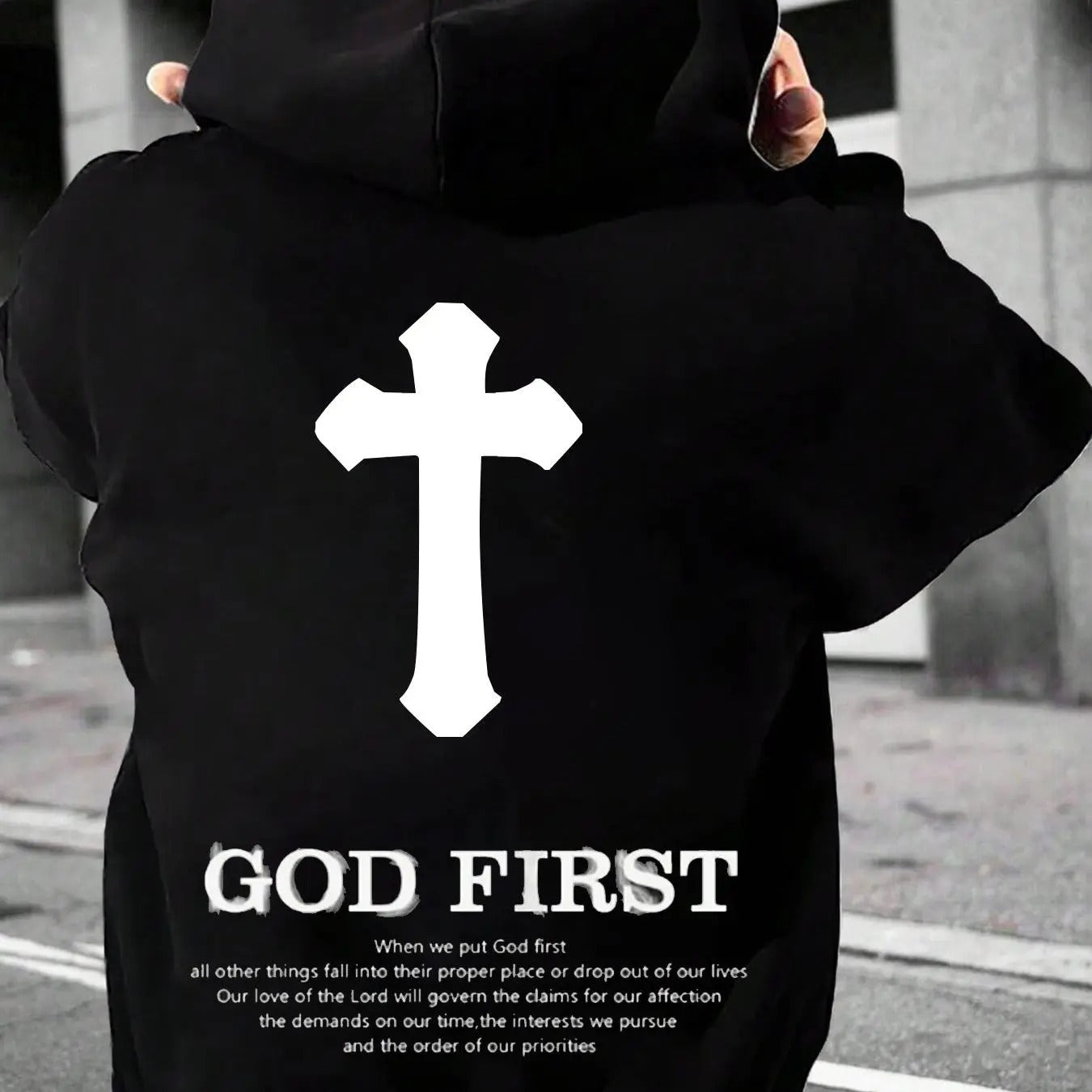 Men's Letter & Cross Print Drop Shoulder Hoodie, Fashion Casual Regular Fit Drawstring Kangaroo Pocket Hooded Sweatshirt...