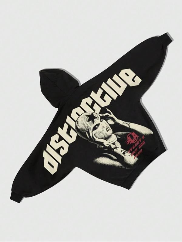 Men's Letter & Figure Print Drop Shoulder Zip Up Hoodie, Fashion Casual Regular Fit Drawstring Hooded Sweatshirt for Daily Holiday Outdoor Wear, Men Clothes for Fall & Winter