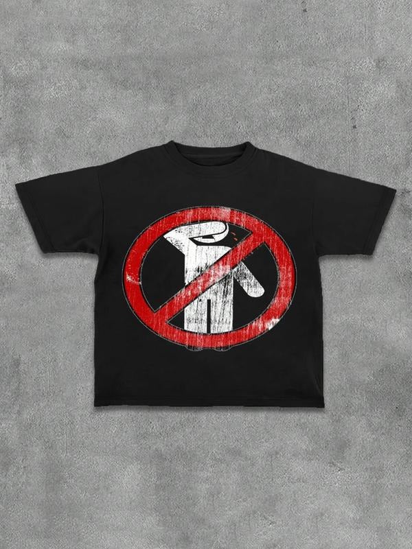 Men's Letter & No Entry Sign Print Round Neck Tee, Regular Fit Casual Slogan Graphic Short Sleeve T-Shirt for Summer,...