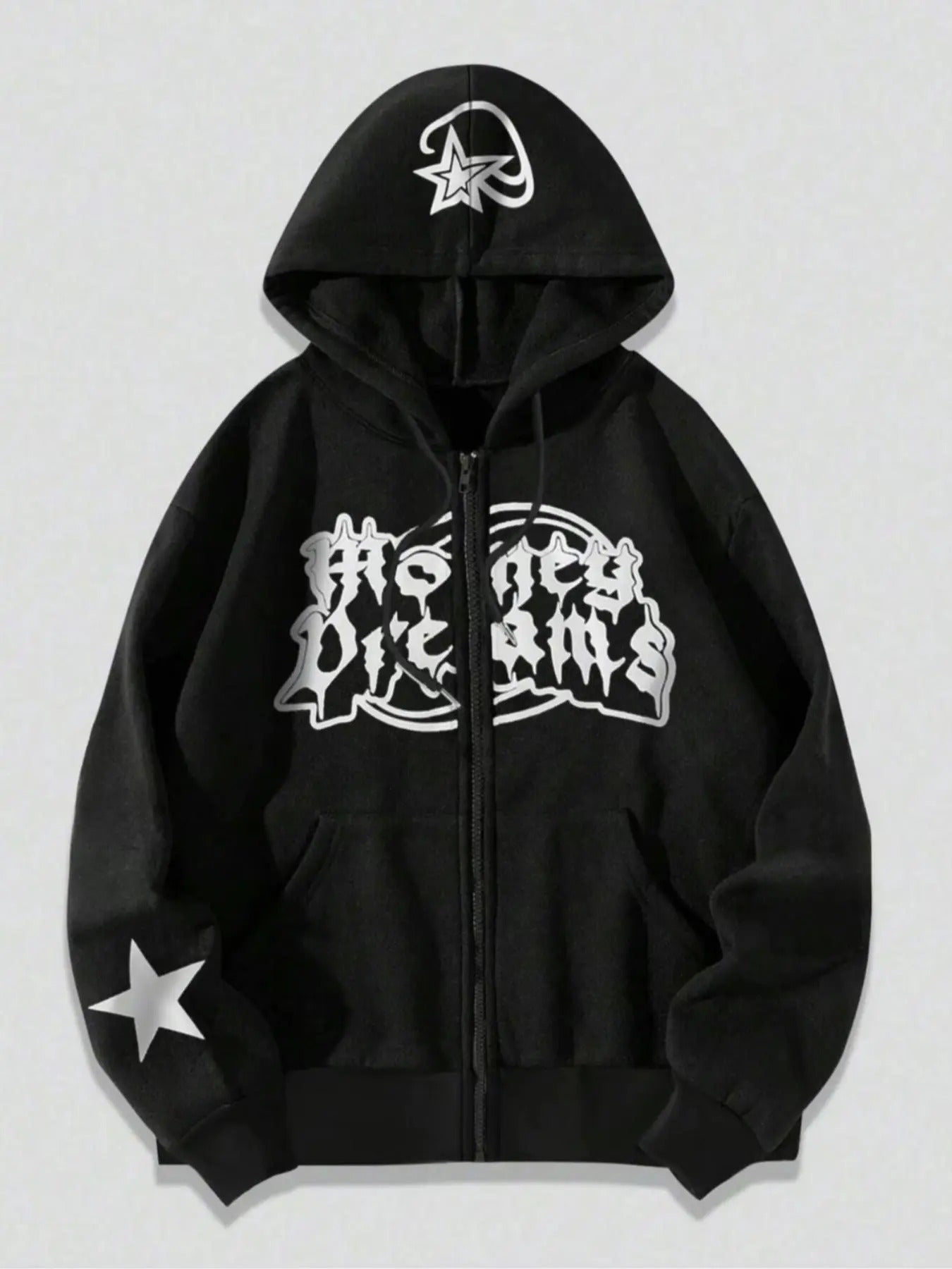 Men's Letter & Star Print Zip Up Hoodie, Casual Regular Fit Long Sleeve Drawstring Pocket Hooded Sweatshirt for Fall &...