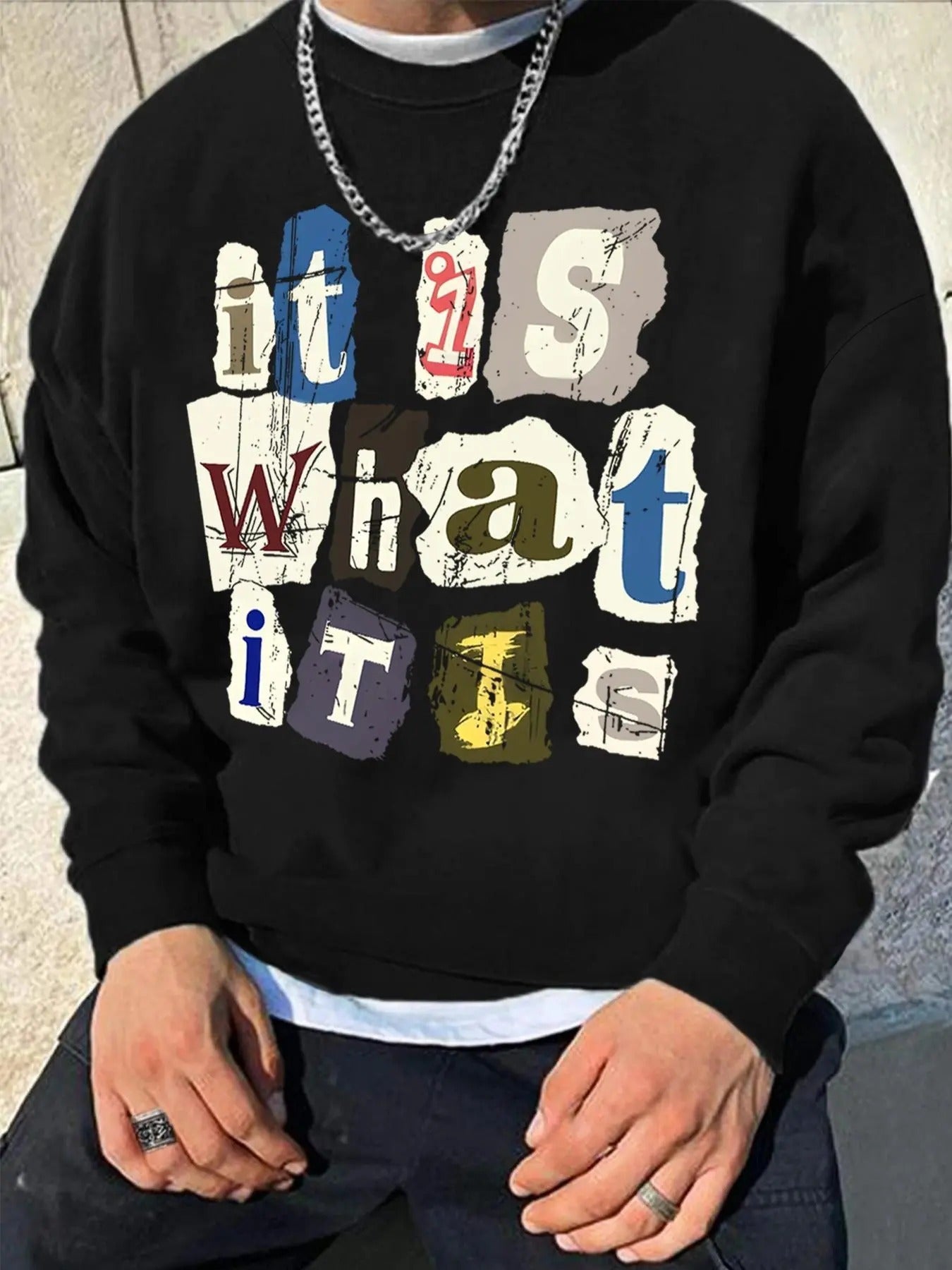 Men's Letter Print Drop Shoulder Sweatshirt, Regular Fit Casual Soft Comfy Long Sleeve Round Neck Pullover for Fall &...