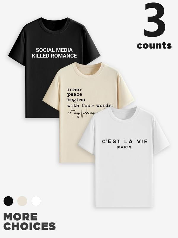 Men's Letter Print Round Neck Tee, Regular Fit Casual Short Sleeve Crew Neck T-shirt for Summer, Fashion Men's Top for...