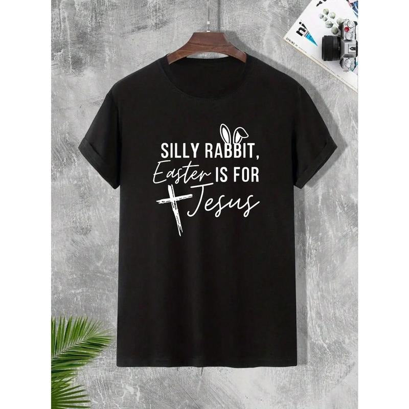 Men's Rabbit Ear & Slogan Print Round Neck Short Sleeve T-Shirt Made in USA Hoodie, Sweatshirt | CiraTrend.com