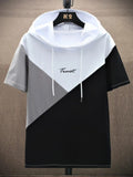 Men's Regular Fit Letter Print Colorblock Hoodie Tee, Casual Hooded Short Sleeve T-shirt for Daily Wear, Men's Top for...