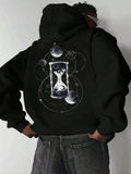 Men's Sandglass & Planet Print Drop Shoulder Thermal Lined Hoodie, Fashion Casual Regular Fit Drawstring Pocket Hooded...