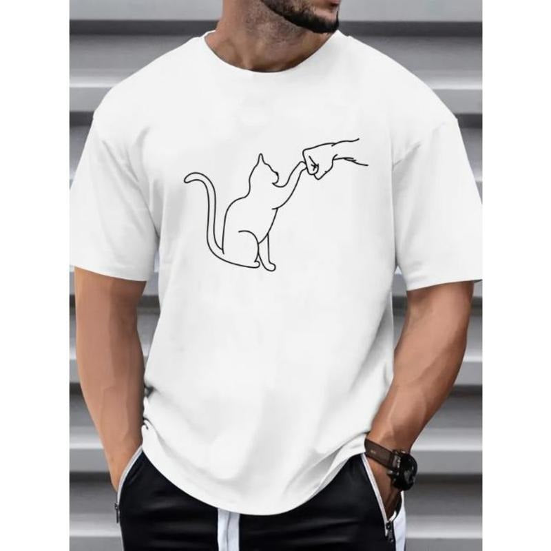 Mens Cartoon Cat Print Crew Neck T-Shirt - Soft Slight Stretch Cotton Blend Fabric, Casual Short Sleeve Regular Fit Tee...