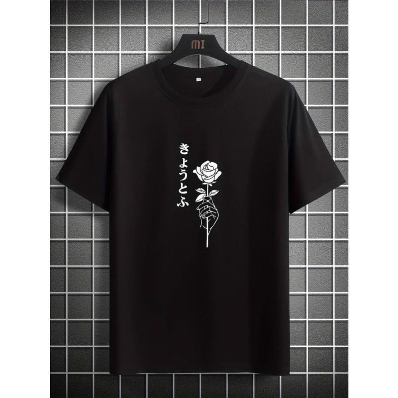 Mens Fashionable Rose Pattern T-Shirt - Casual Street Style, Stretch Round Neck Tee