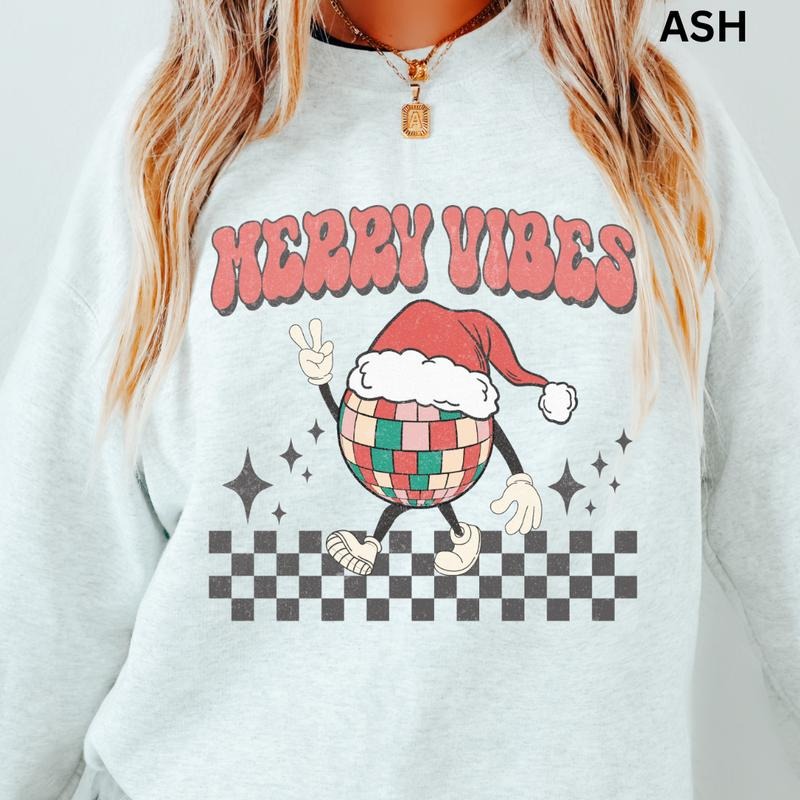 Merry  Vibes Christmas Disco Crewneck, Christmas Sweatshirt, Winter Season Graphic, Casual Cotton Crewneck, Polyester,...