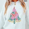 Merry Bow Christmas Tree Sweatshirt, Winter Graphic Sweatshirt Casual Cotton Polyester Oversized sweatshirt - Comfort Crewneck Menswear Womenswear