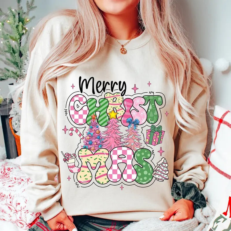 Merry Christmas Sweatshirt, Pink Christmas Shirt, Christmas Tree, Christmas Coquette, Doodle Letters, Tis the Season,...