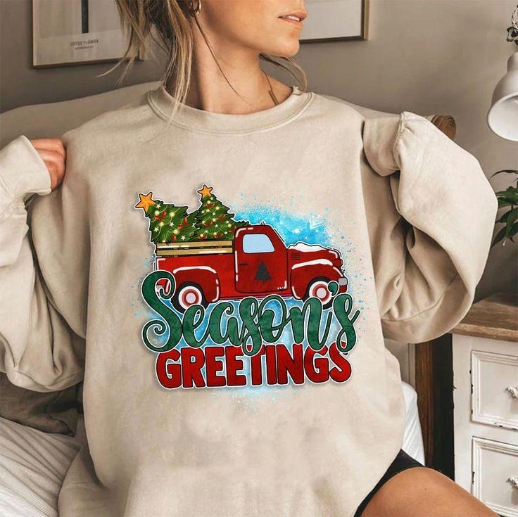 Merry Christmas Truck, Seasons Greetings Christmas Truck Sweatshirt, Red Truck Sweatshirt, Christmas Tree Sweatshirt,...