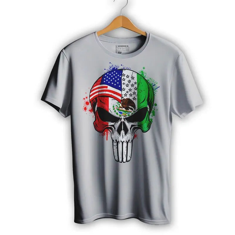 Mexican American Flag Skull El Castigador Short Sleeve T-Shirt Casual Crewneck Hoodie, Sweatshirt | CiraTrend.com
