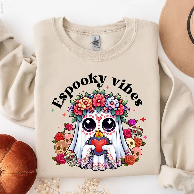 Mexican Halloween Espooky Vibes Mexico Ghost Sweatshirt, Aqui Espantan Concha Ghost T-shirt, Trendy Hispanic Halloween...