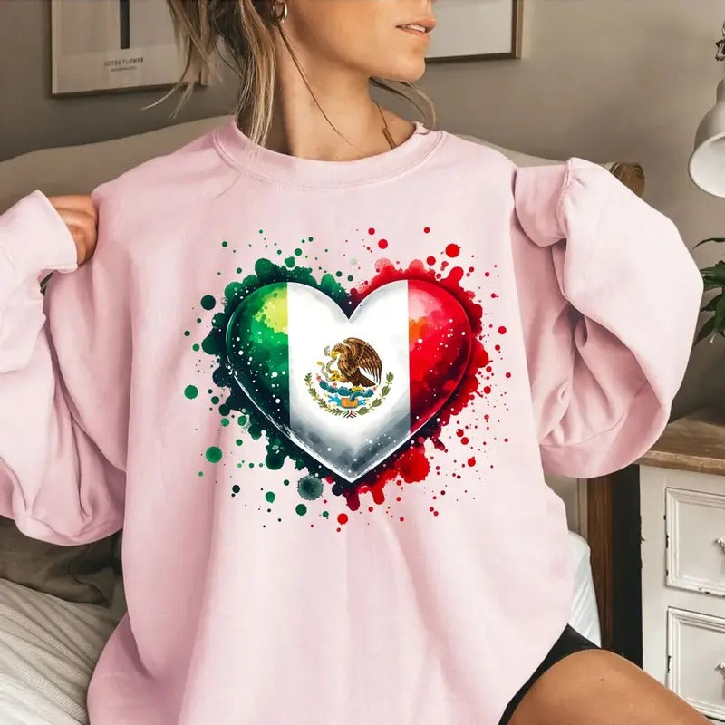 Mexico Heart Flag Watorcolor Shirt, Mexico Independence Day Gift, Mexican Patriotic Hoodie, Unisex Sweater Pullover Tee...