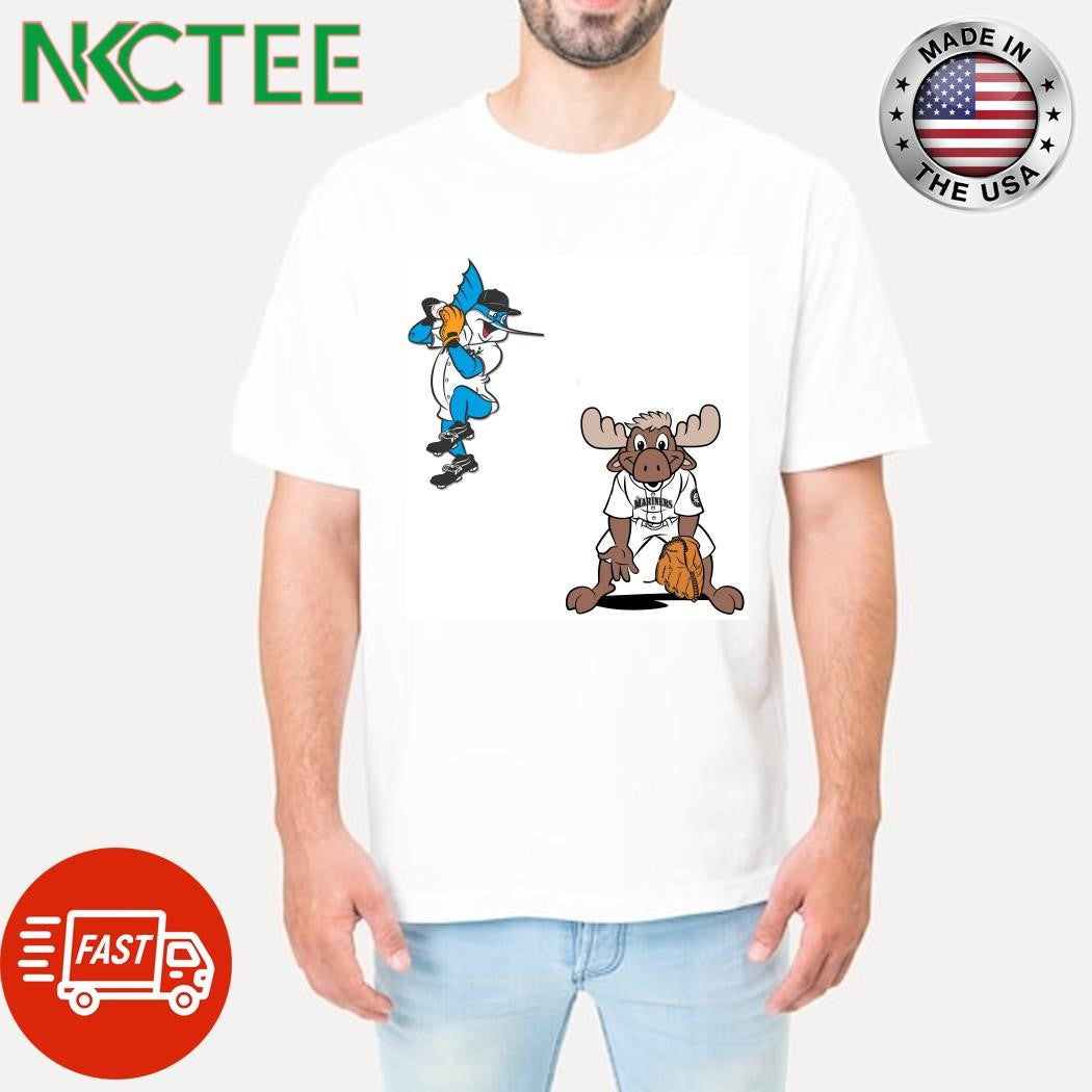 Miami Marlins VS Seattle Mariners MLB 2024 mascot cartoon baseball shirt