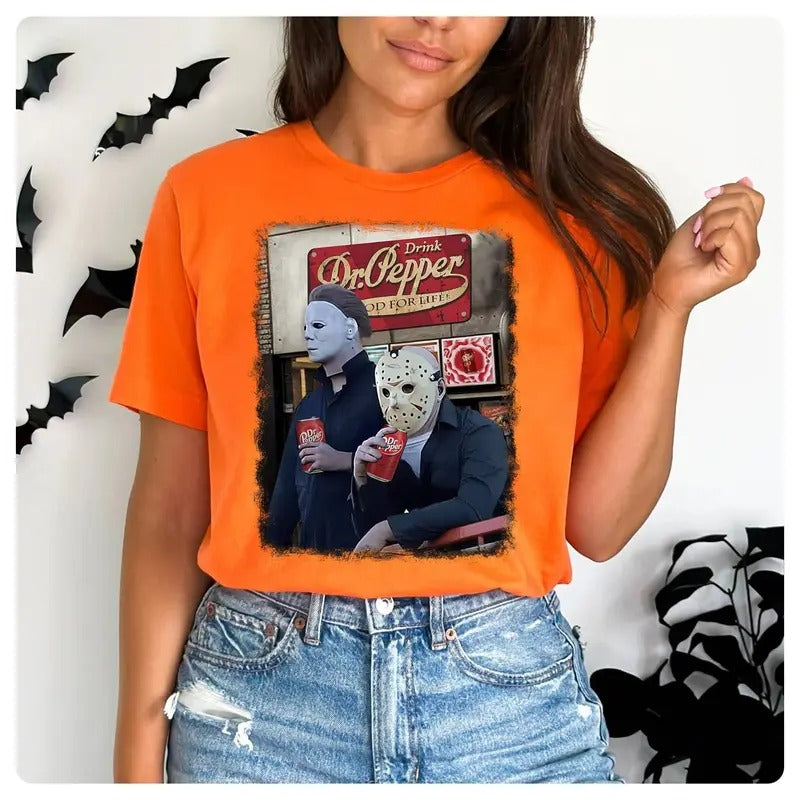 Michael Myers And Jason Voorhees Drinking Dr Pepper Shirt Halloween Shirt Halloween Movie Shirt Halloween Party Shirt...