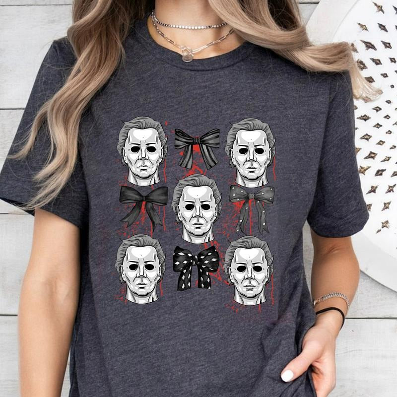 Michael Myers Coquette Halloween Shirt, Scream Horror Movie Sweater, Horror Halloween Coquette Bow Sweatshirt, Scary Film...