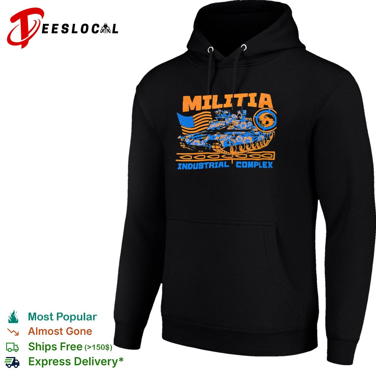 Militia Industrial Complex military tank American flag shirt