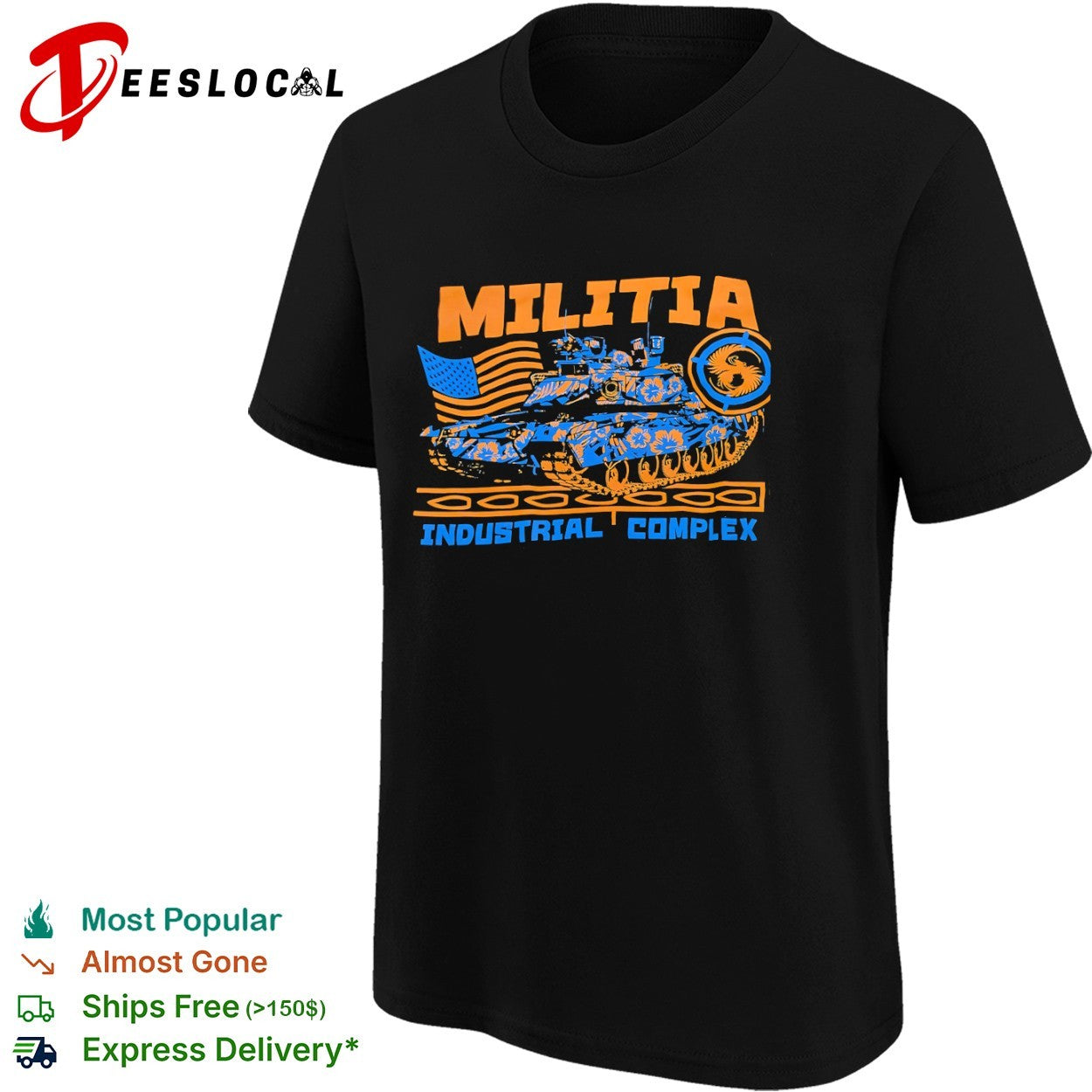 Militia Industrial Complex military tank American flag shirt
