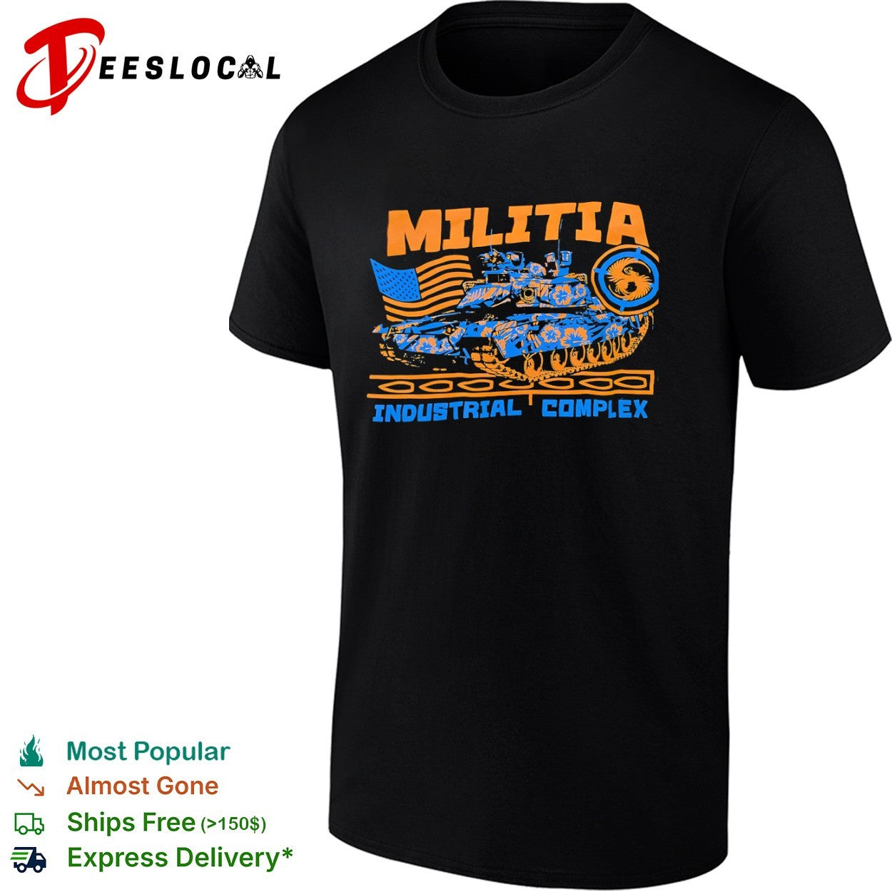 Militia Industrial Complex military tank American flag shirt