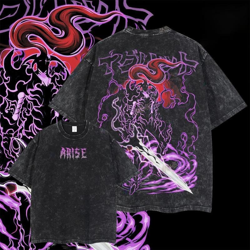 [ Mineral Wash ] Igris Monarchs Army Solo Leveling Retro Vintage Manga Washed Lightweight Cotton TShirt, Anime Merch,...